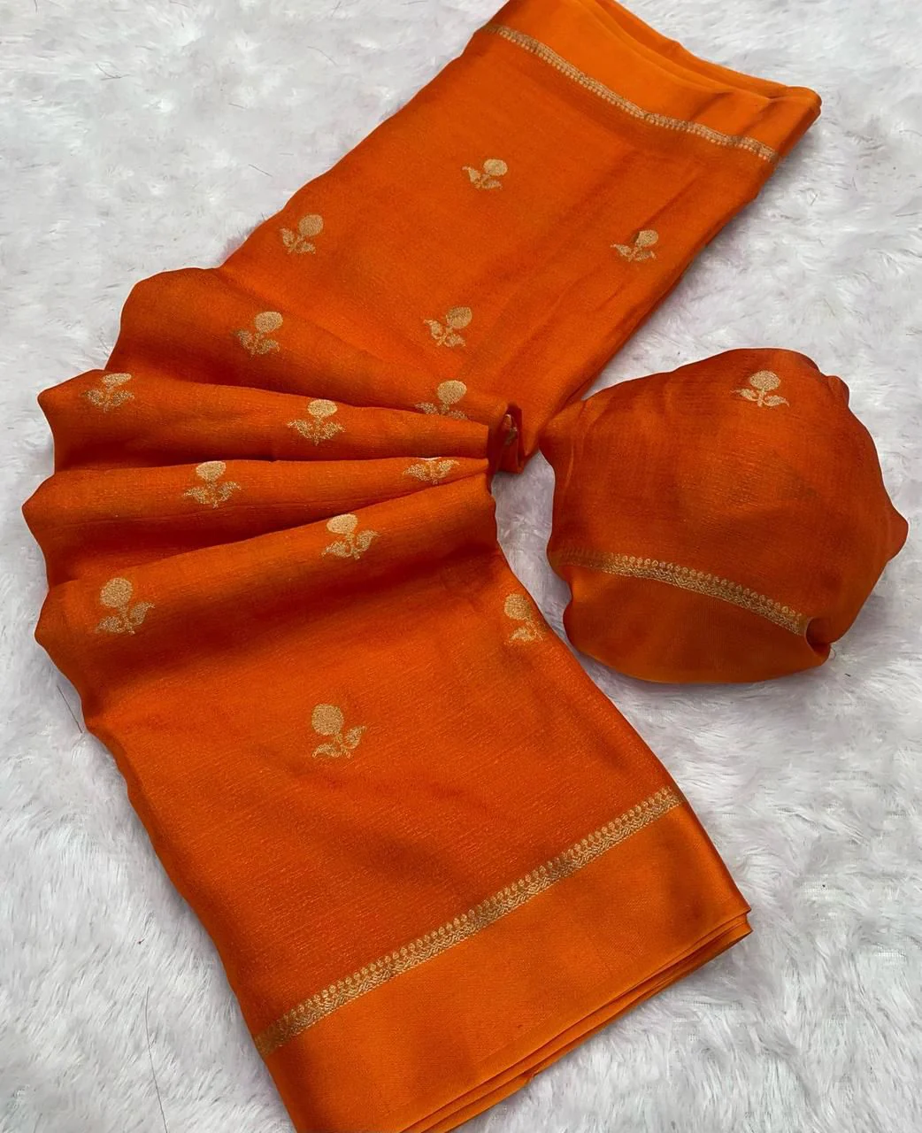 Desirable Orange Banarasi Khadi Silk Saree With Desiring Blouse Piece - Image 2
