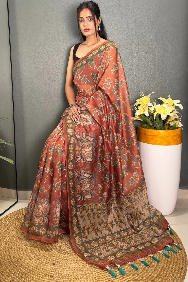 Desirable Orange Kalamkari Printed Saree With Stunner Blouse Piece - Image 3