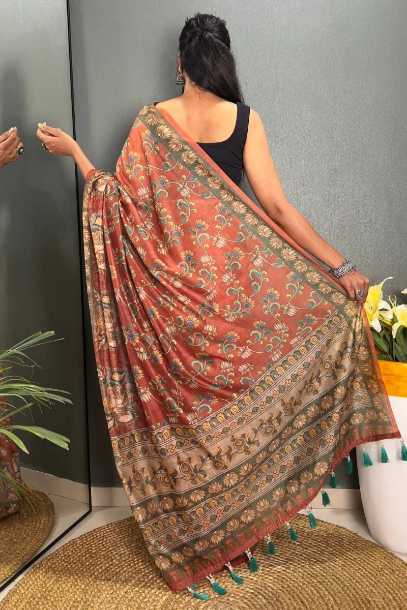 Desirable Orange Kalamkari Printed Saree With Stunner Blouse Piece - Image 4