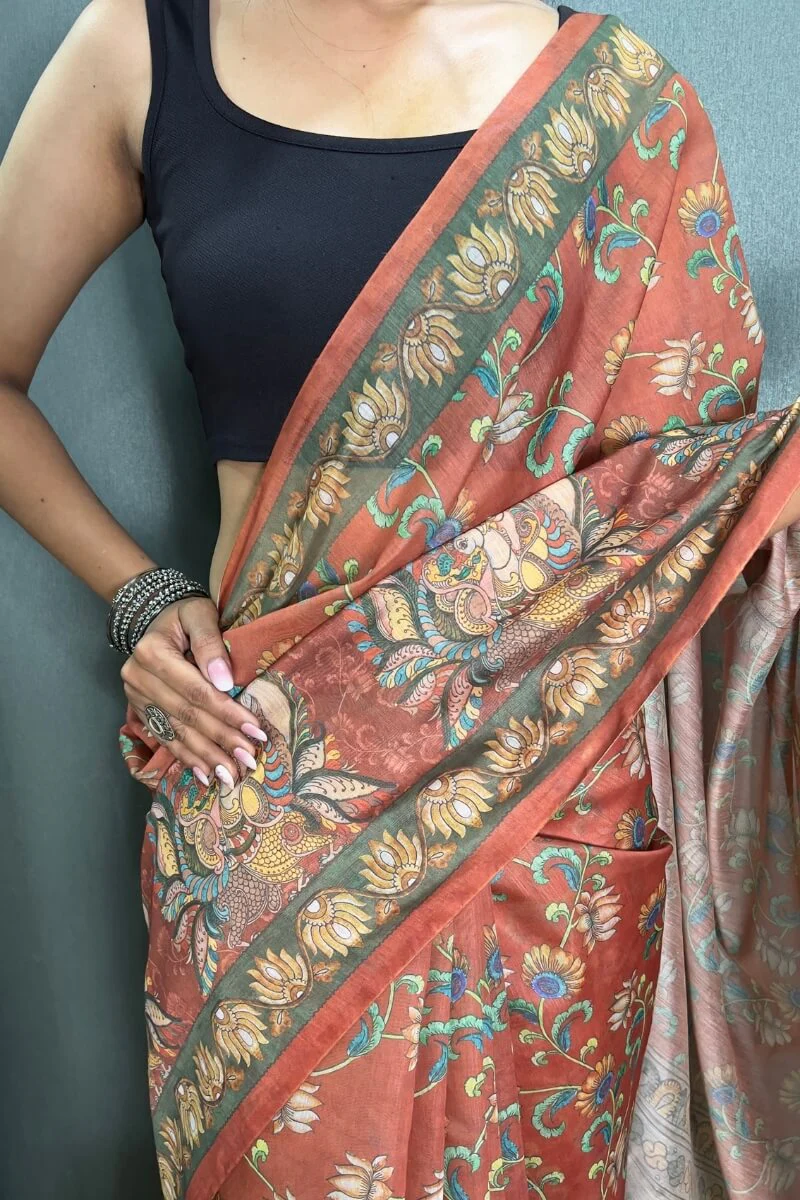 Desirable Orange Kalamkari Printed Saree With Stunner Blouse Piece - Image 5