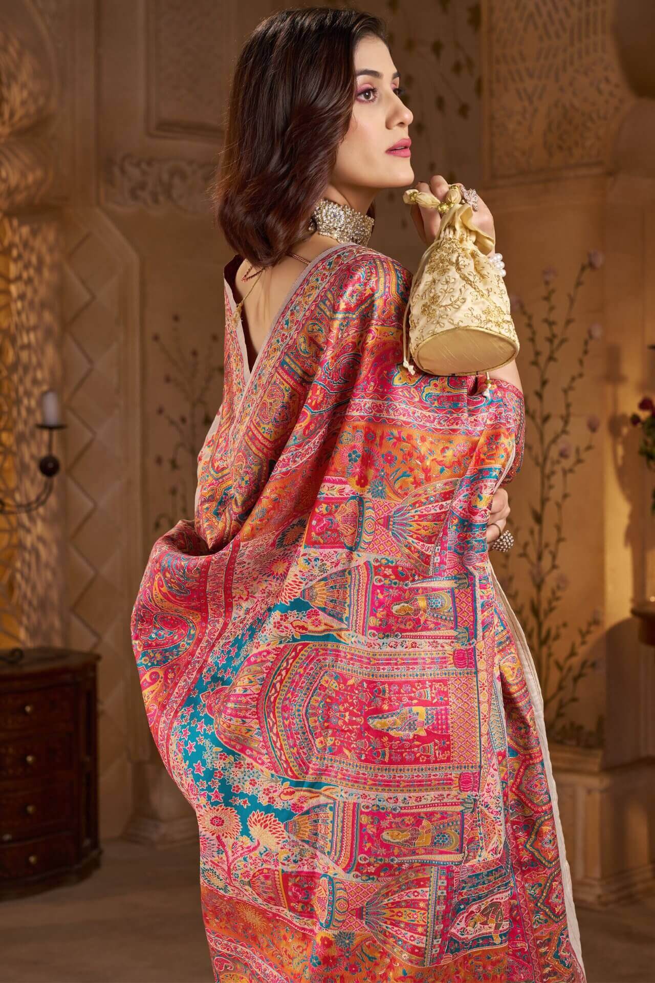 Desiring Beige Pashmina Saree With Artistic Blouse Piece - Image 2