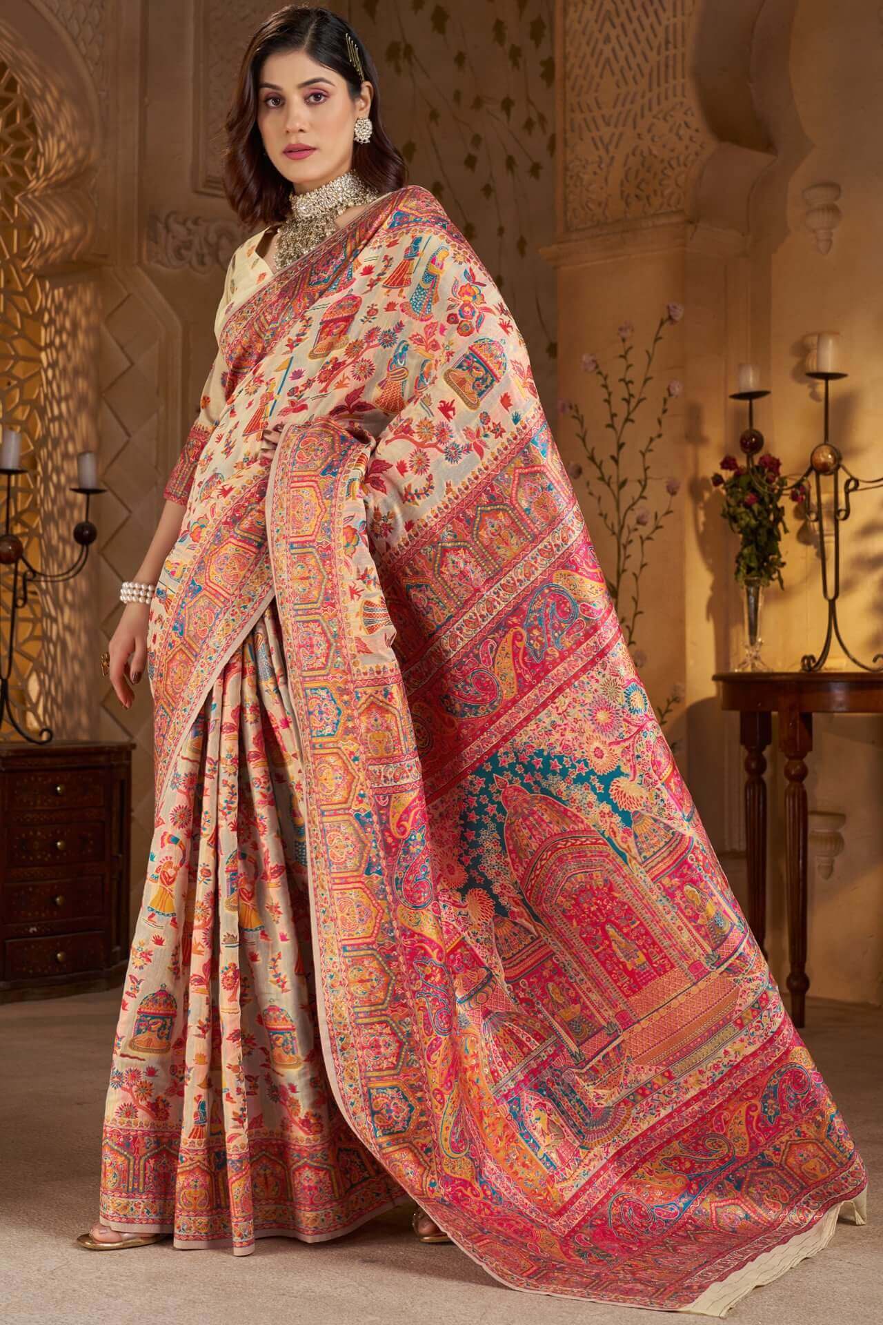 Desiring Beige Pashmina Saree With Artistic Blouse Piece - Image 3