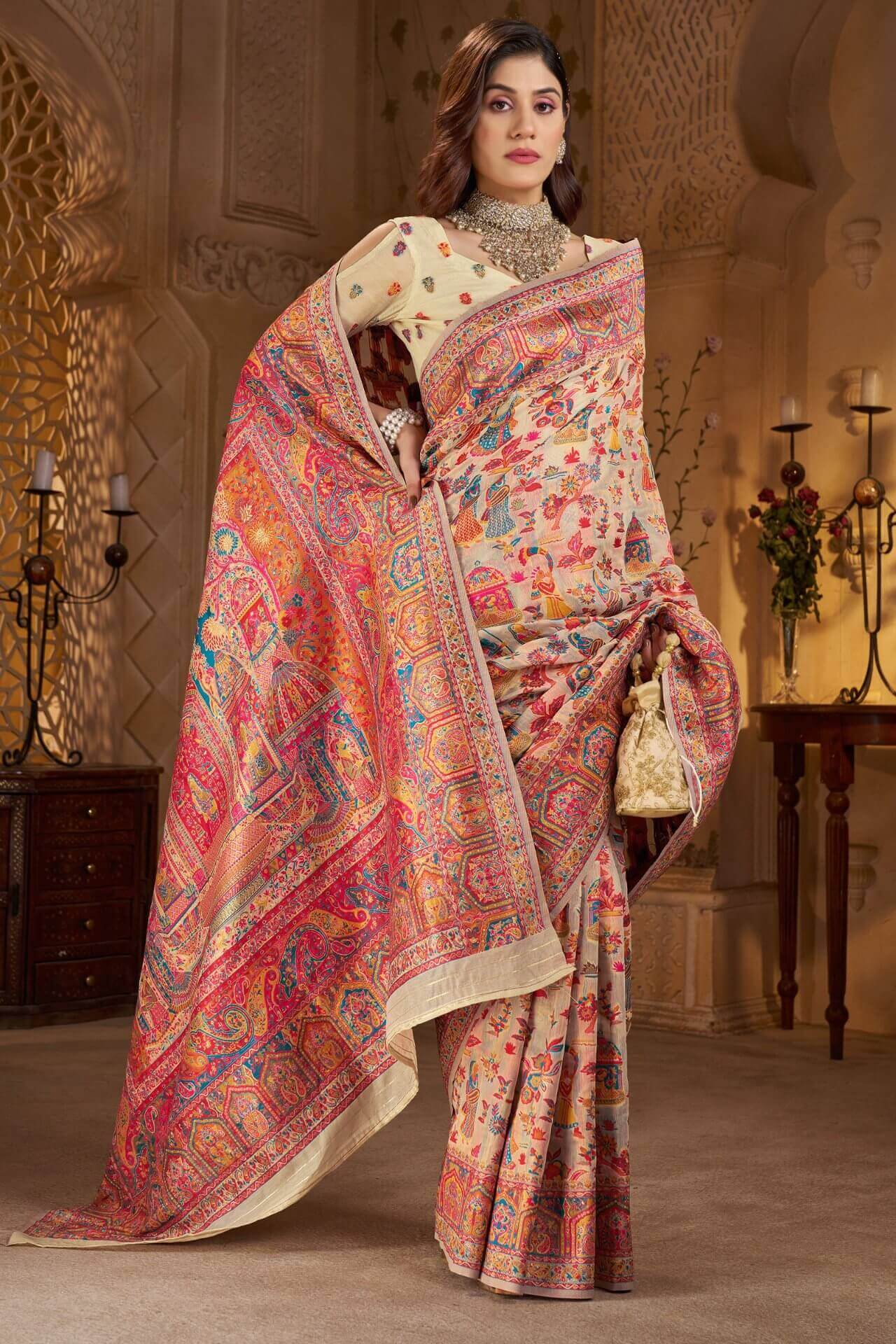 Desiring Beige Pashmina Saree With Artistic Blouse Piece - Image 4