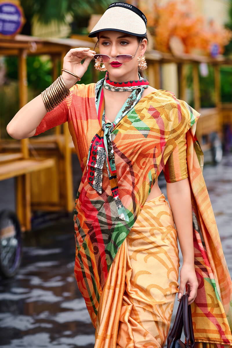 Desiring Multicolor Digital Printed Satin Silk Saree With Desiring Blouse Piece - Image 2