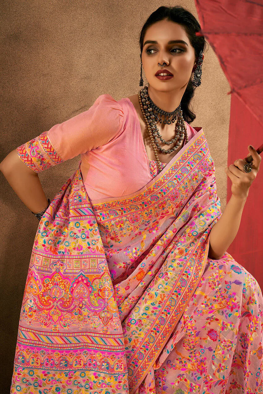 Desiring Pink Pashmina Saree With Mesmeric Blouse Piece - Image 2