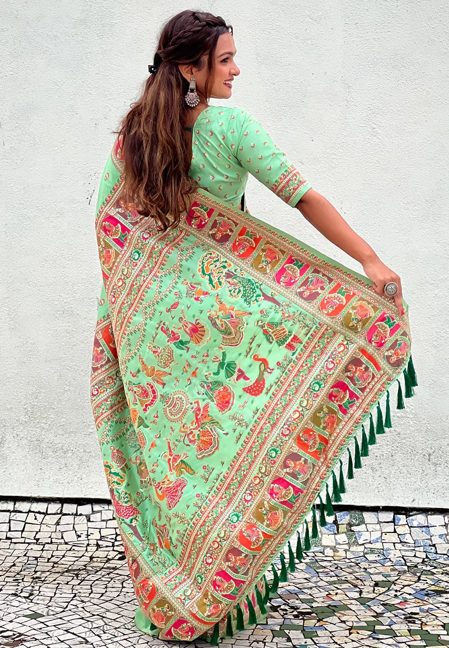 Desiring Pista Nylon Dola Pashmina Saree With Mesmeric Blouse Piece - Image 4