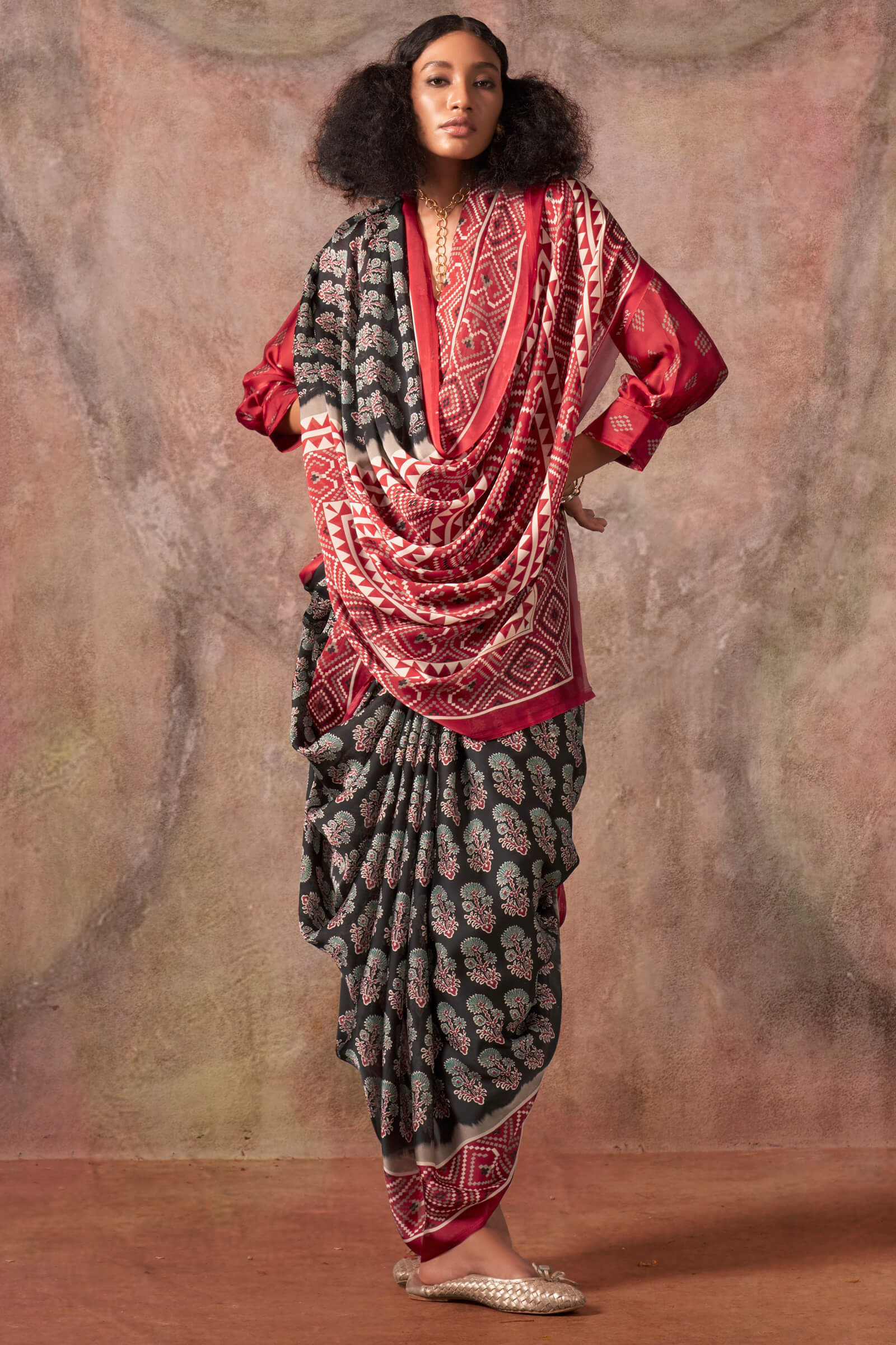 Desuetude Black Ajrakh Printed Satin Silk Saree With Glorious Blouse Piece - Image 3