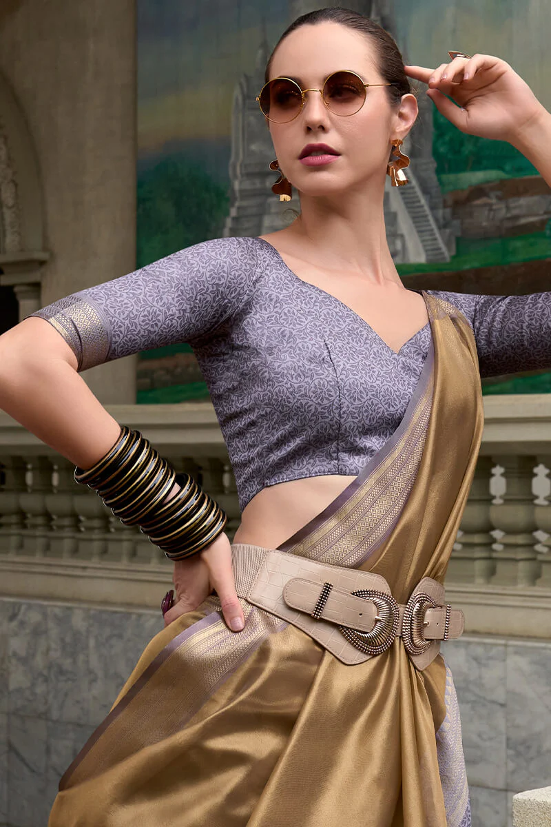 Desuetude Brown Soft Tissue Silk Saree With Comely Blouse Piece - Image 2