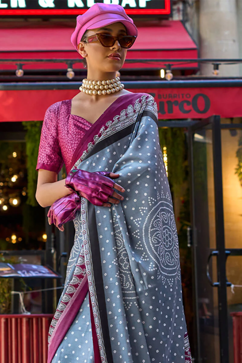 Desuetude Grey Digital Printed Satin Silk Saree With Diaphanous Blouse Piece - Image 2