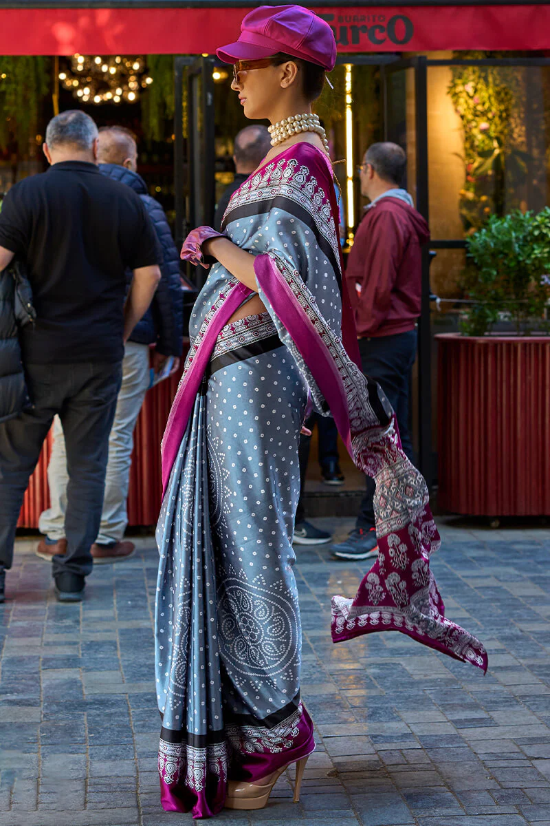 Desuetude Grey Digital Printed Satin Silk Saree With Diaphanous Blouse Piece - Image 3