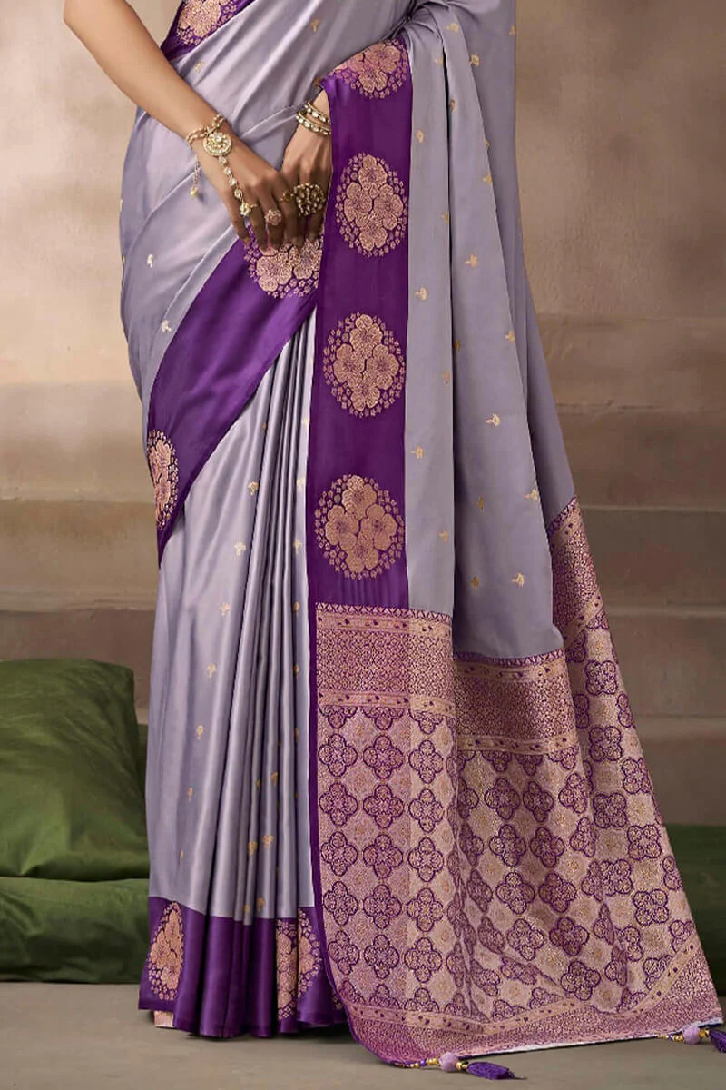 Desuetude Lavender Banarasi Satin Silk Saree With Breathtaking Blouse - Image 4