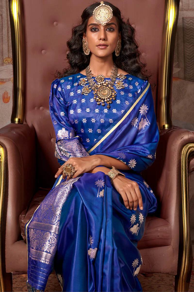Desuetude Navy Blue Banarasi Satin Silk Saree With Fugacious Blouse - Image 2