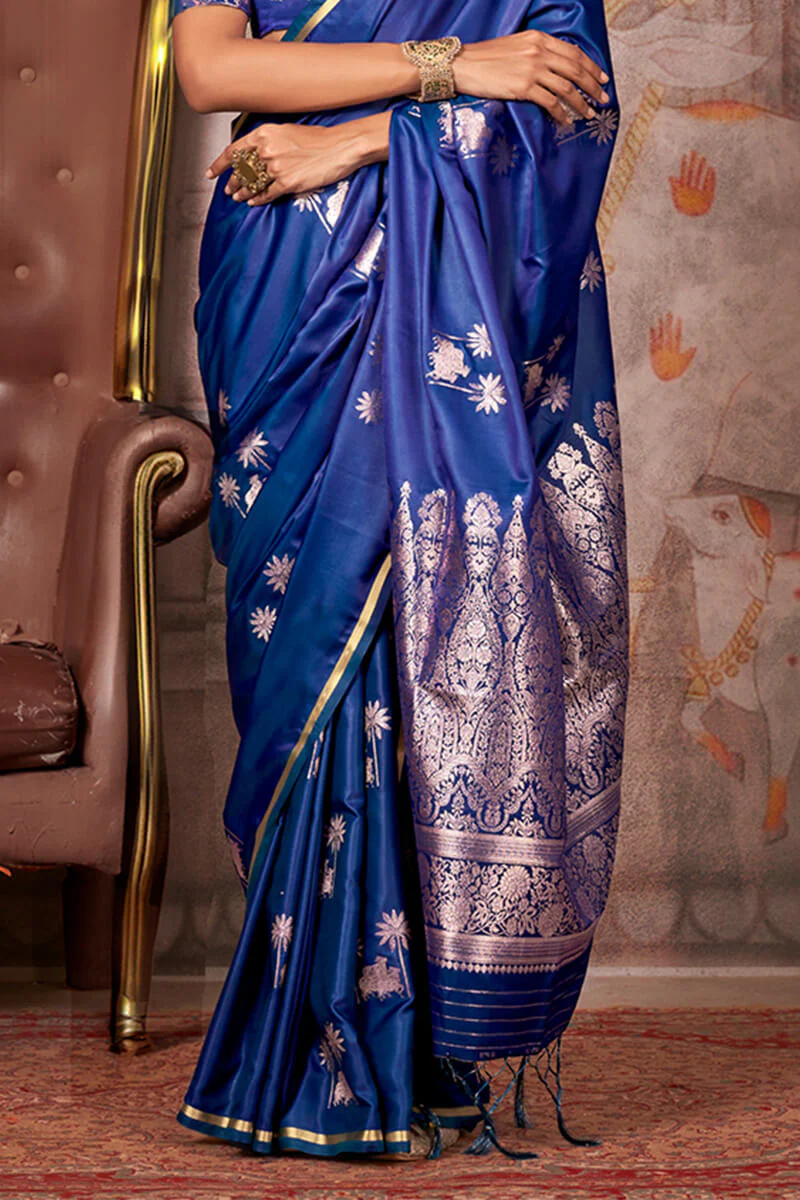 Desuetude Navy Blue Banarasi Satin Silk Saree With Fugacious Blouse - Image 3