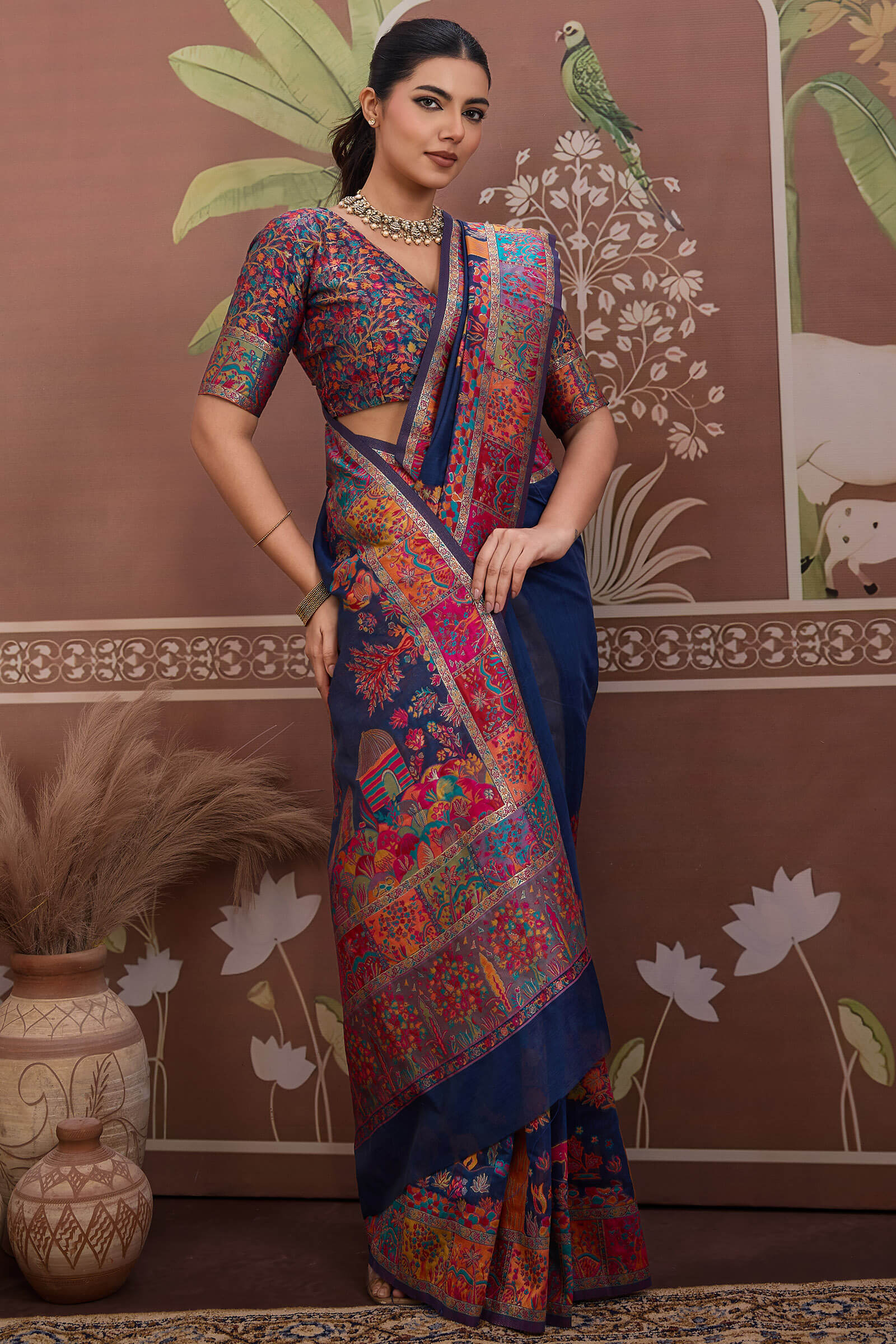 Desuetude Navy Blue Pashmina saree With Majestic Blouse Piece - Image 3