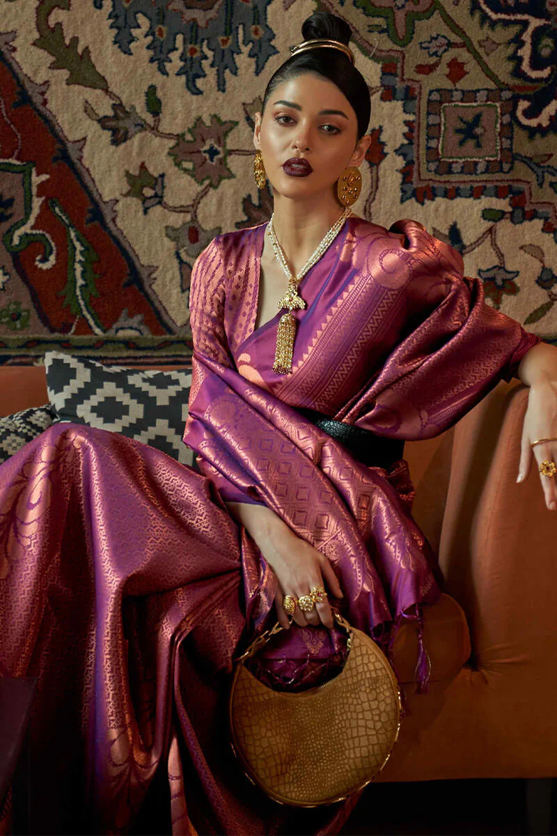 Desuetude Purple Kanjivaram Silk Saree With Ailurophile Blouse Piece - Image 2