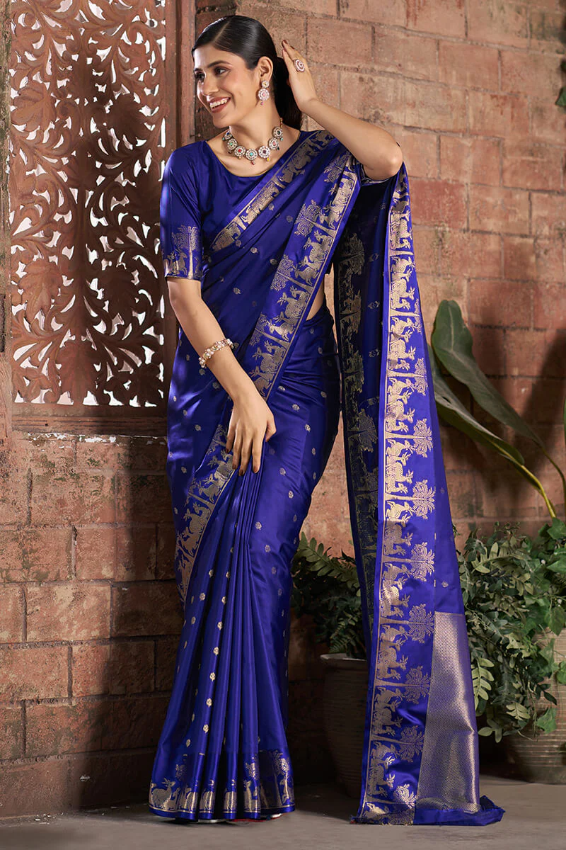 Desuetude Royal Blue Pure Zari Weaving Banarasi Silk Saree With Sumptuous Blouse Piece - Image 4