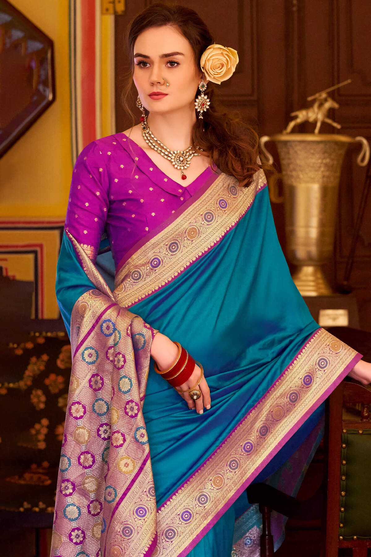 Desultory Firozi Pure Zari Weaving Banarasi Silk Saree With Most Flattering Blouse Piece - Image 2