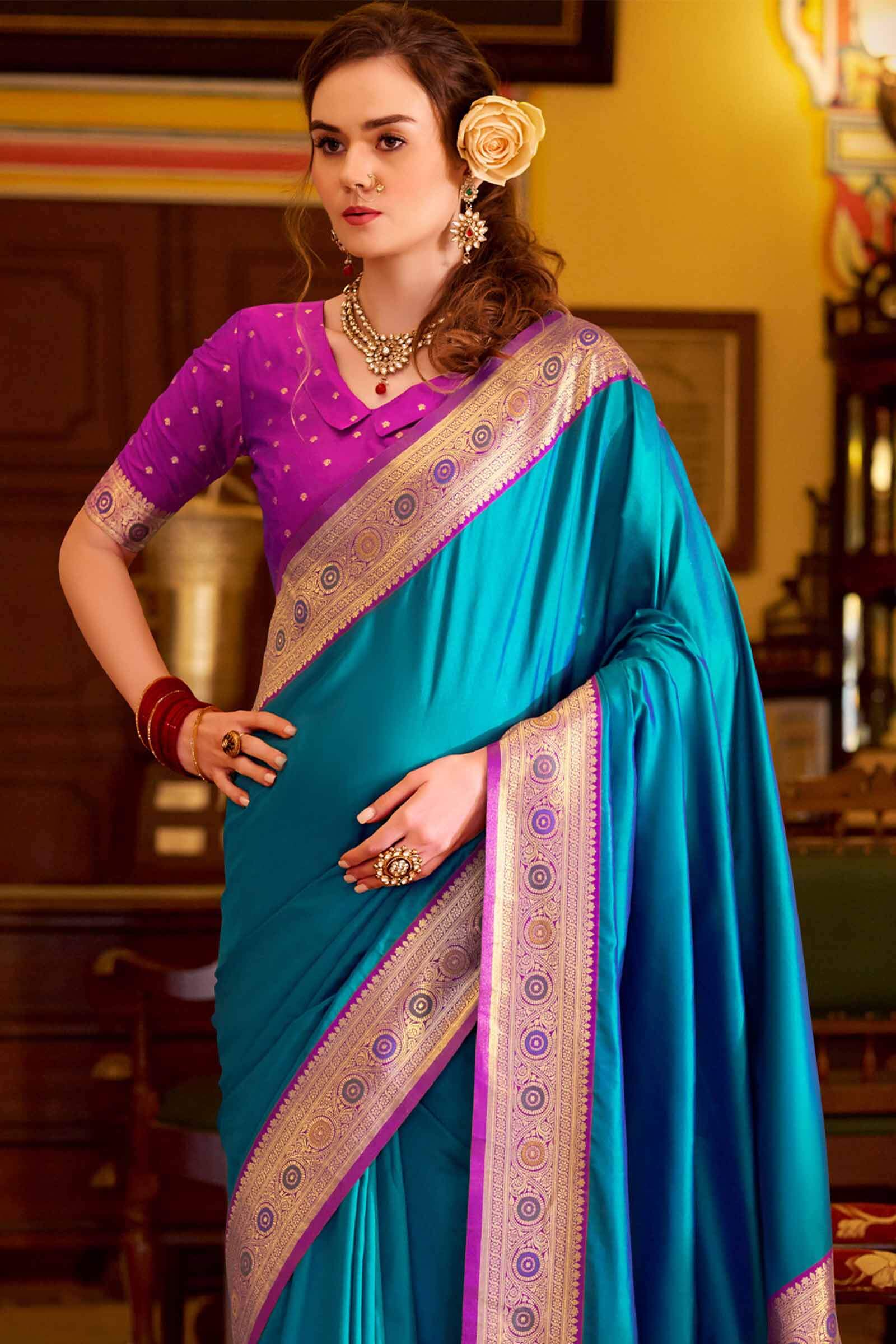 Desultory Firozi Pure Zari Weaving Banarasi Silk Saree With Most Flattering Blouse Piece - Image 3