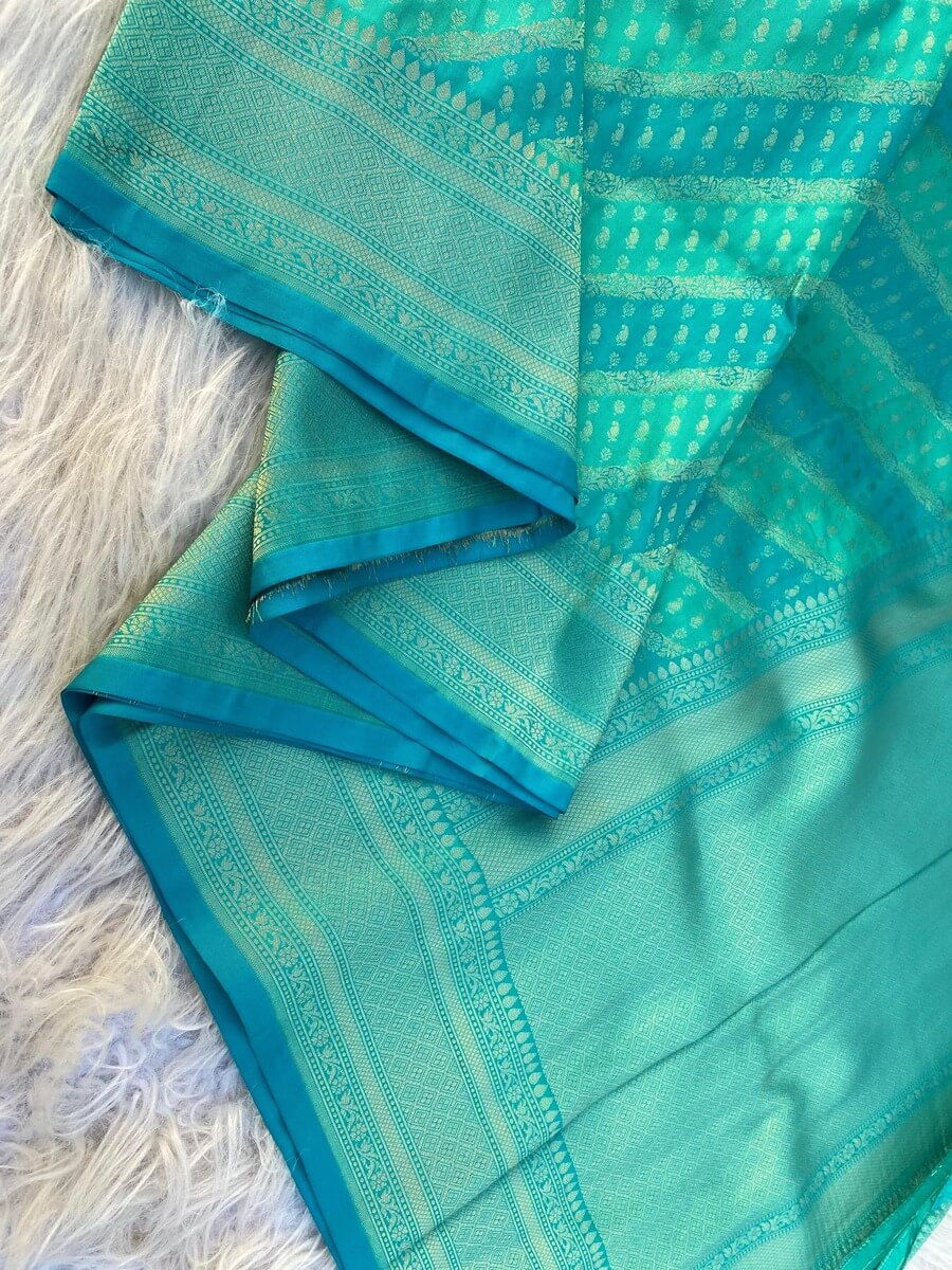 Desultory Firozi Soft Banarasi Silk Saree With Elision Blouse Piece - Image 2