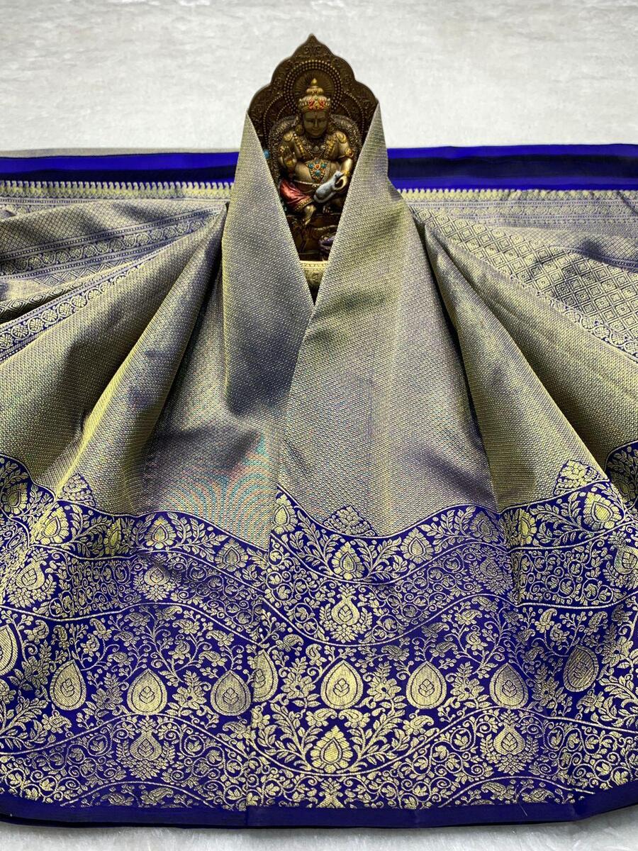 Desultory Royal Blue Pure Zari Weaving Banarasi Silk Saree With Fancifull Blouse Piece - Image 2