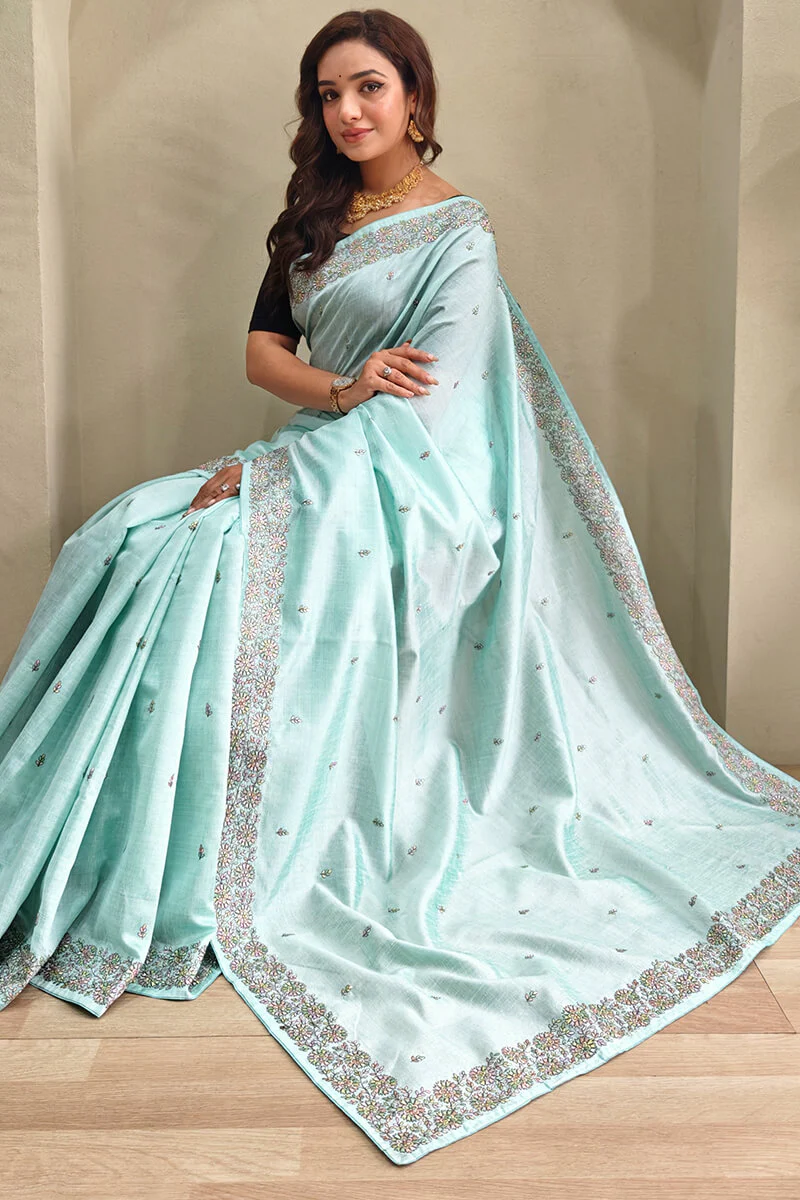 Desultory Sky Embroidery Work Tussar Silk Saree With Posh Blouse Piece - Image 4