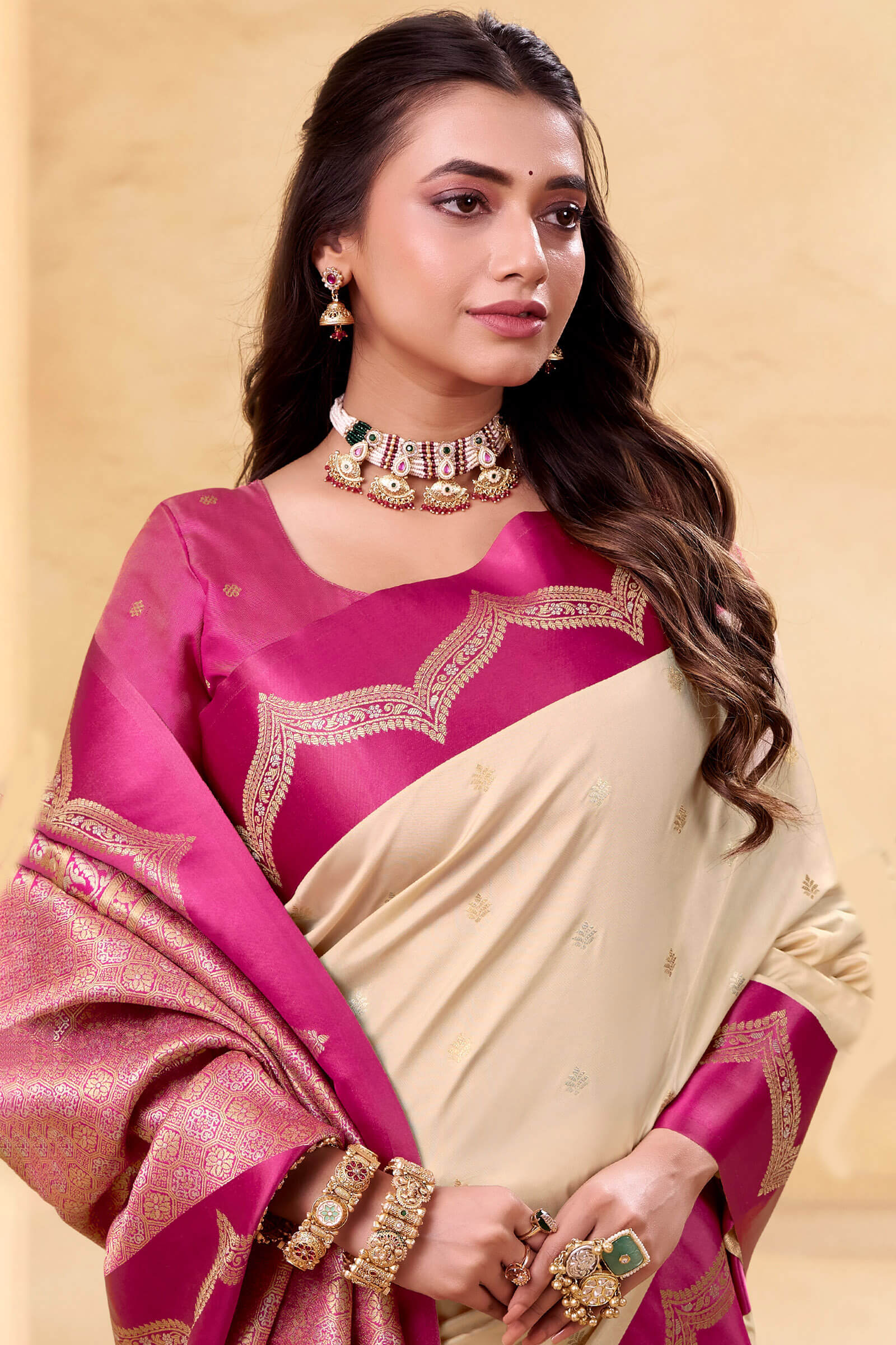 Devastating Beige Banarasi Satin Silk Saree With Flameboyant Blouse - Image 2