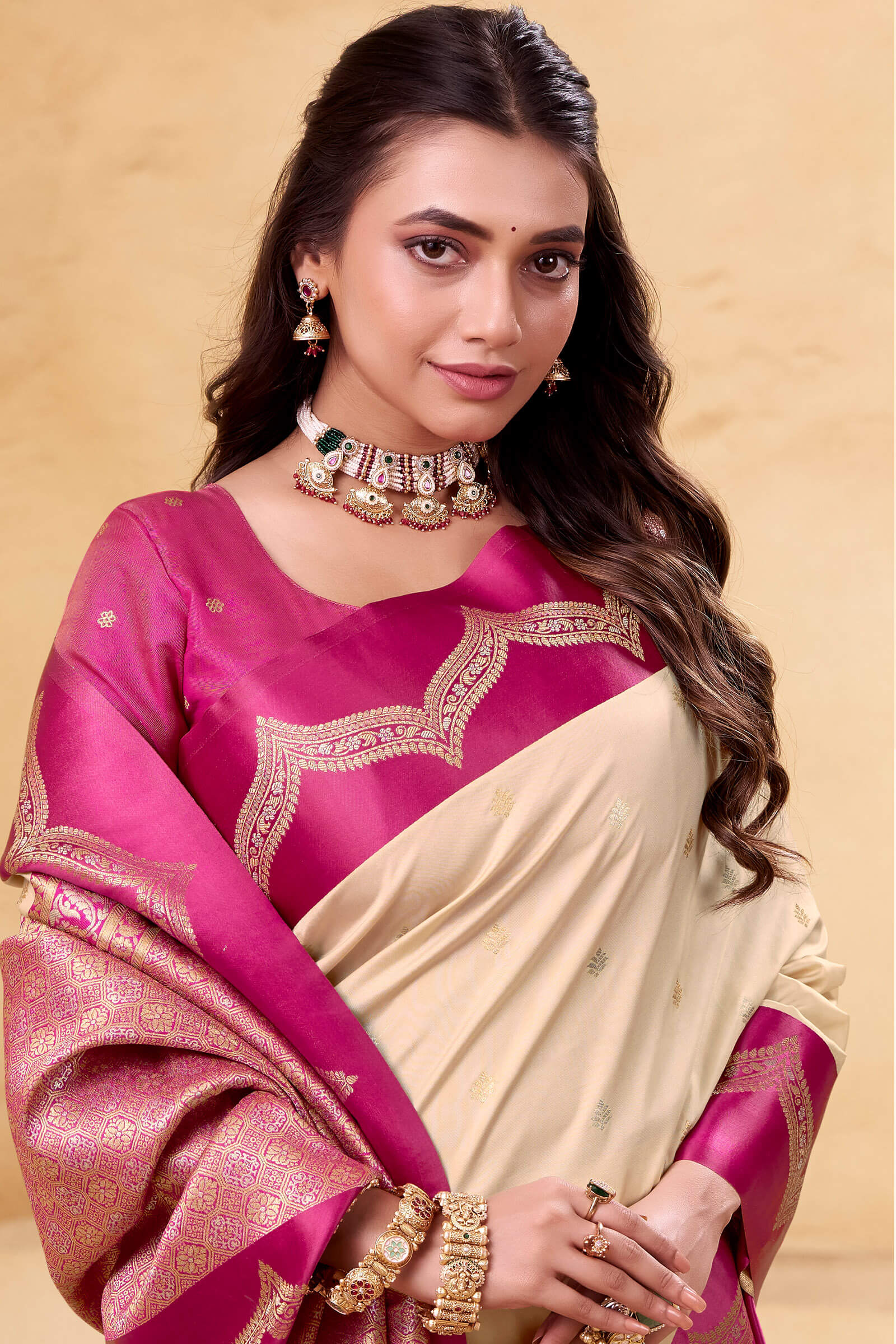 Devastating Beige Banarasi Satin Silk Saree With Flameboyant Blouse - Image 3