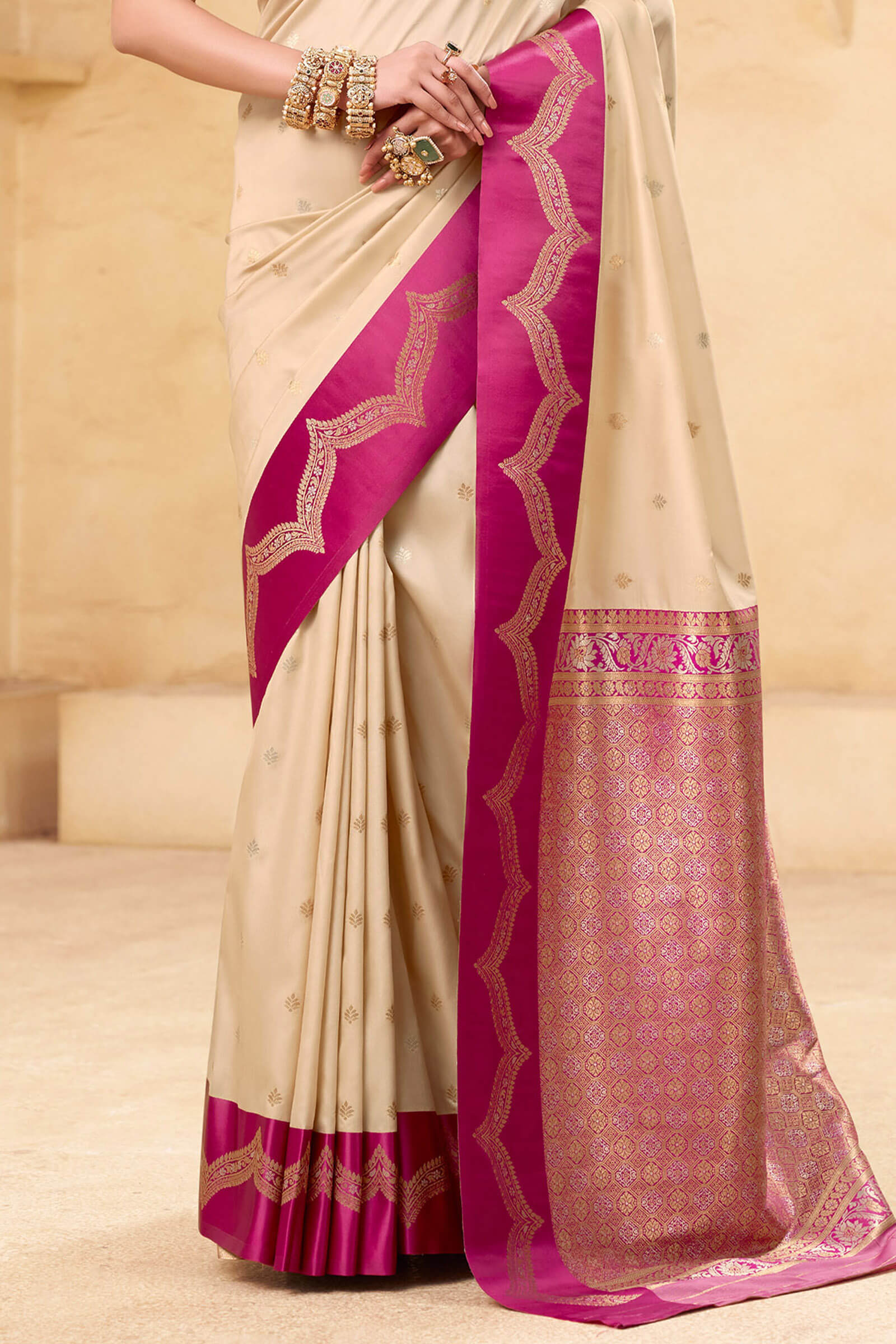 Devastating Beige Banarasi Satin Silk Saree With Flameboyant Blouse - Image 4