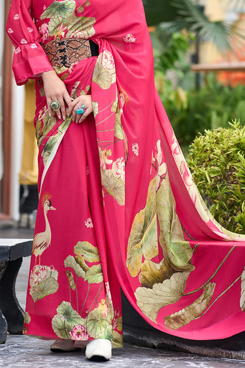 Devastating Dark Pink Digital Printed Georgette Saree With Fancifull Blouse Piece - Image 3