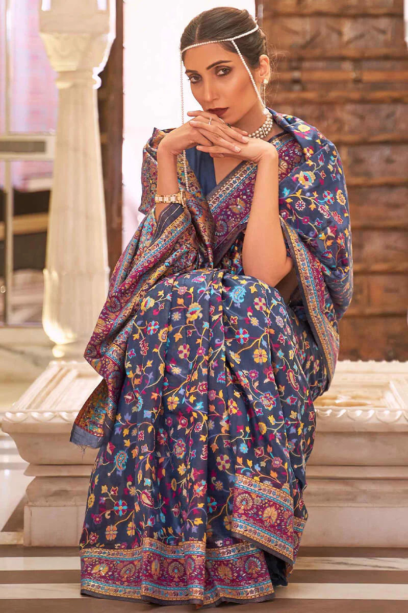 Devastating Navy Blue Pashmina saree With Gratifying Blouse Piece - Image 2