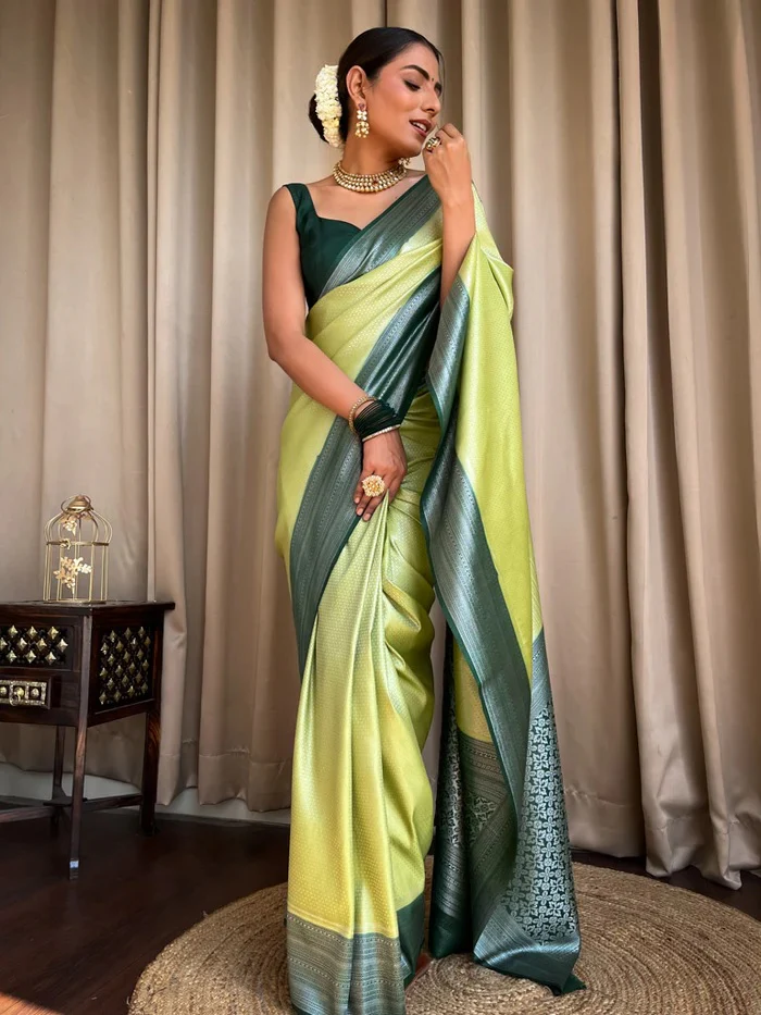 Devastating Pista Soft Silk Saree With Nemesis Blouse Piece - Image 5