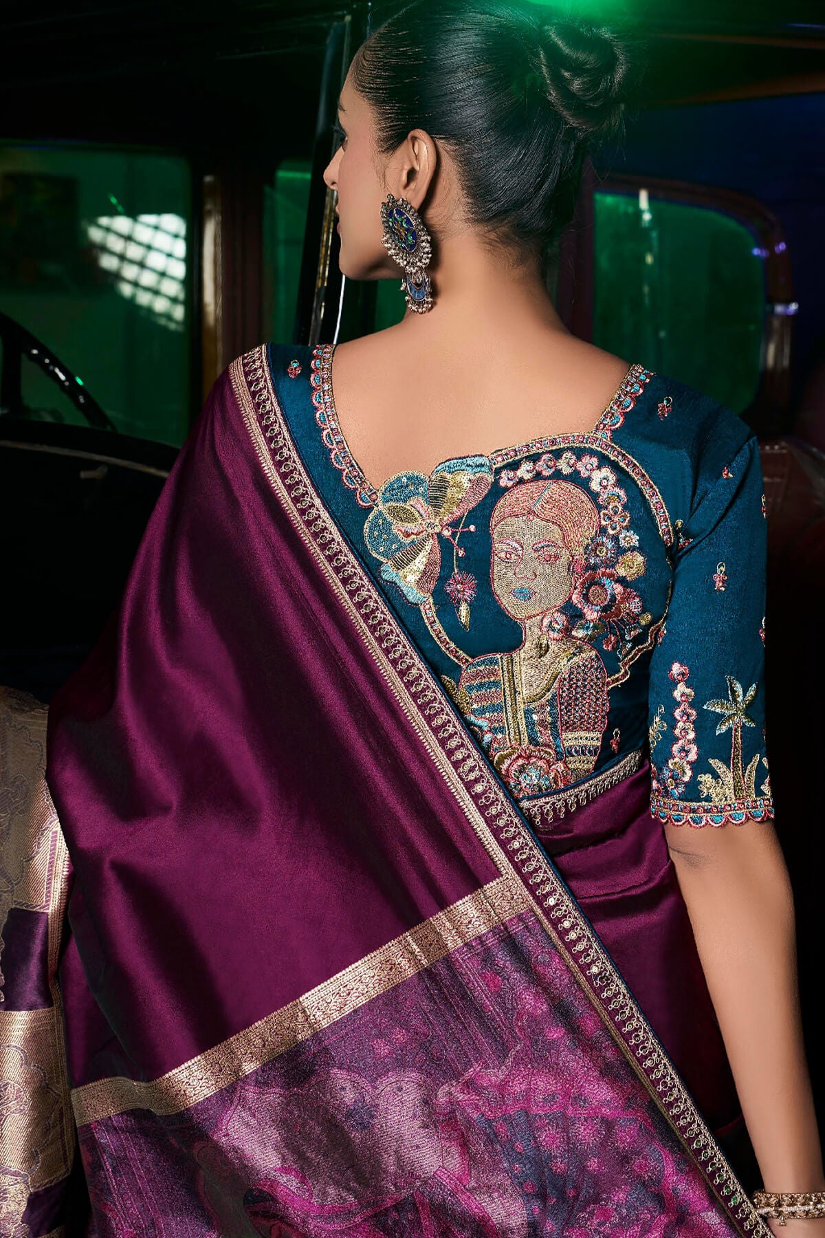 Devastating Purple Banarasi Satin Silk Saree With Embellished Blouse - Image 4