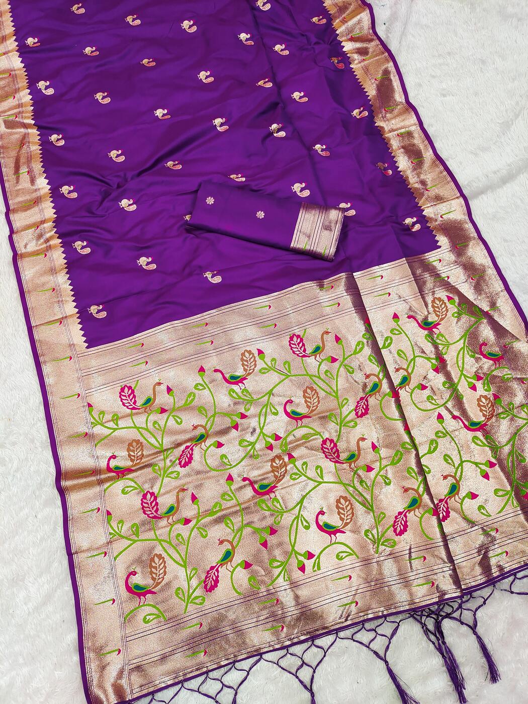 Devastating Royal Purple Paithani Silk Saree With Imbrication Blouse Piece