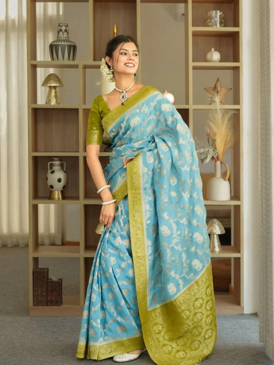 Devastating Sky Soft Silk Saree With Glamorous Blouse Piece - Image 3