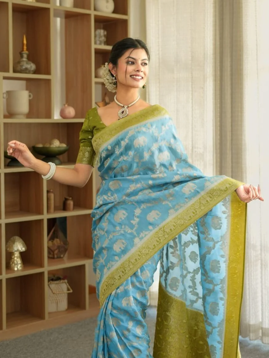 Devastating Sky Soft Silk Saree With Glamorous Blouse Piece - Image 4