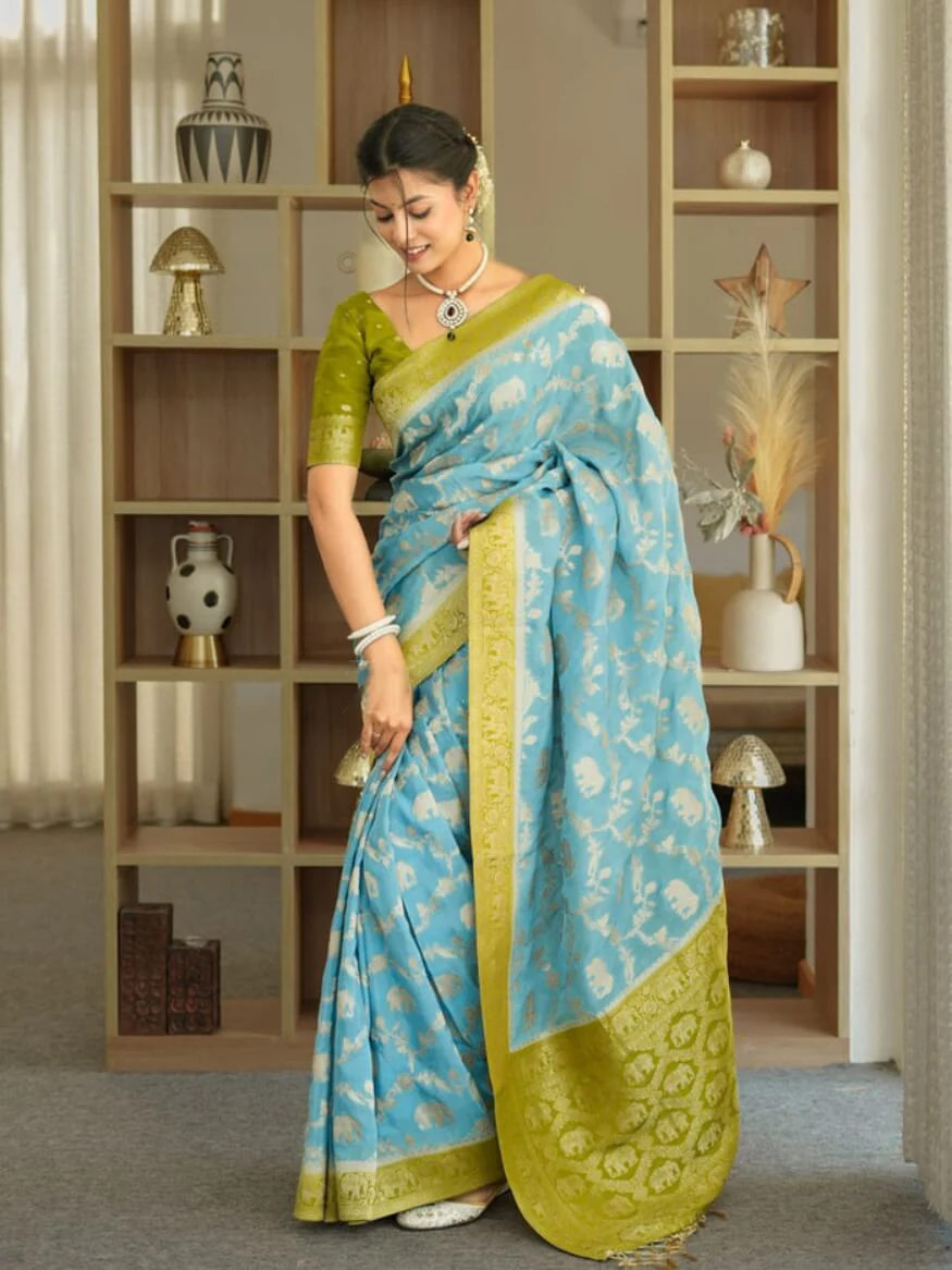 Devastating Sky Soft Silk Saree With Glamorous Blouse Piece - Image 6