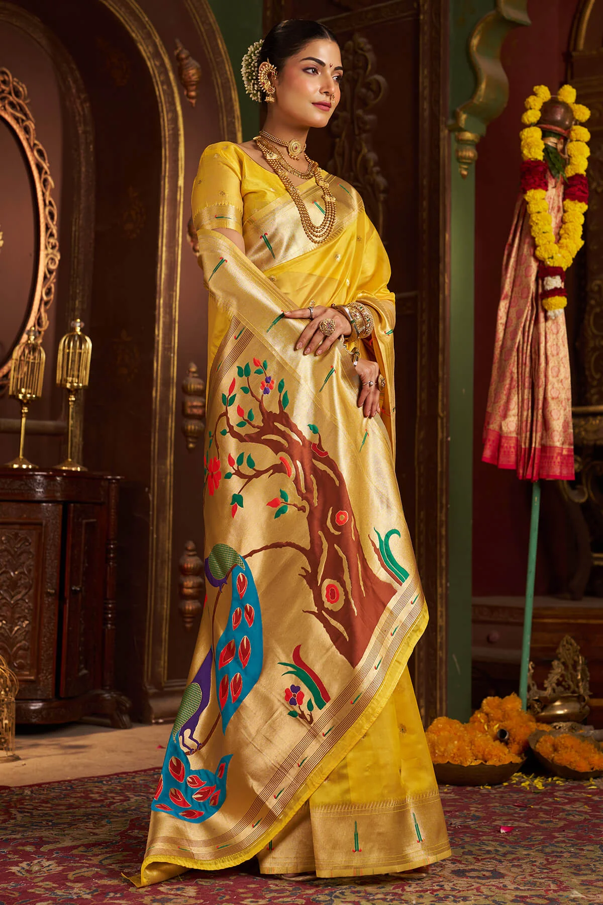 Devastating Yellow Organza Paithani Silk Saree With Beguiling Blouse Piece - Image 3