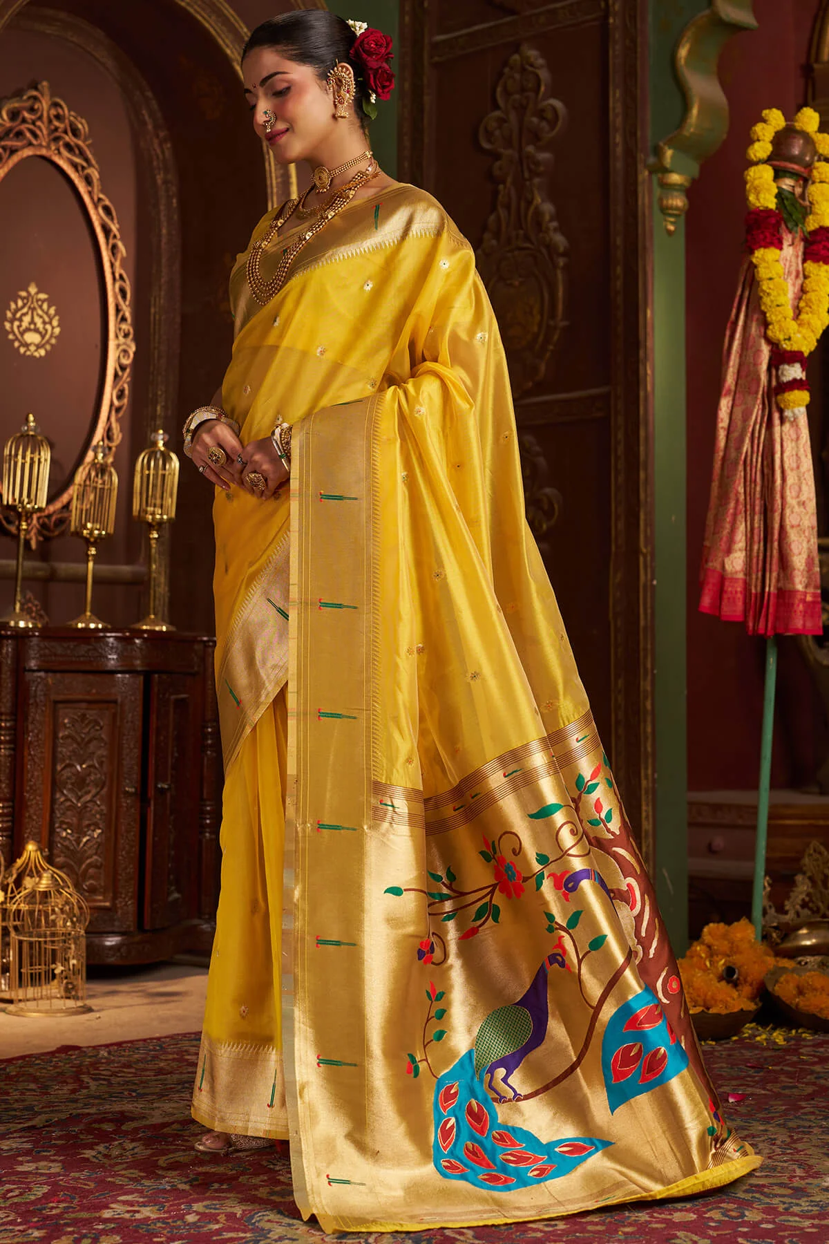 Devastating Yellow Organza Paithani Silk Saree With Beguiling Blouse Piece - Image 4