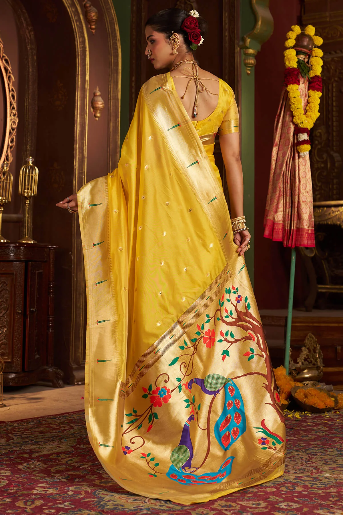 Devastating Yellow Organza Paithani Silk Saree With Beguiling Blouse Piece - Image 5