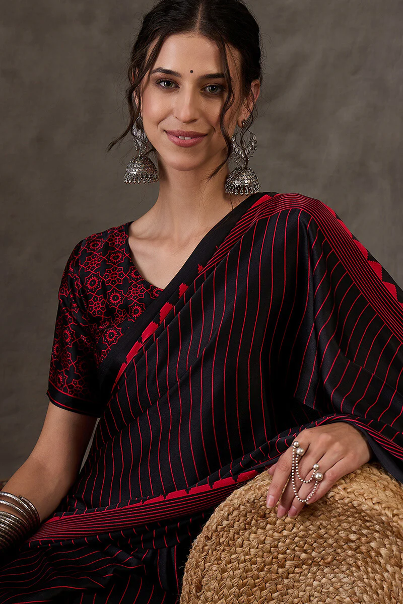 Diaphanous Black Ajrakh Printed Semi Modal Silk Saree With Majestic Blouse Piece - Image 2