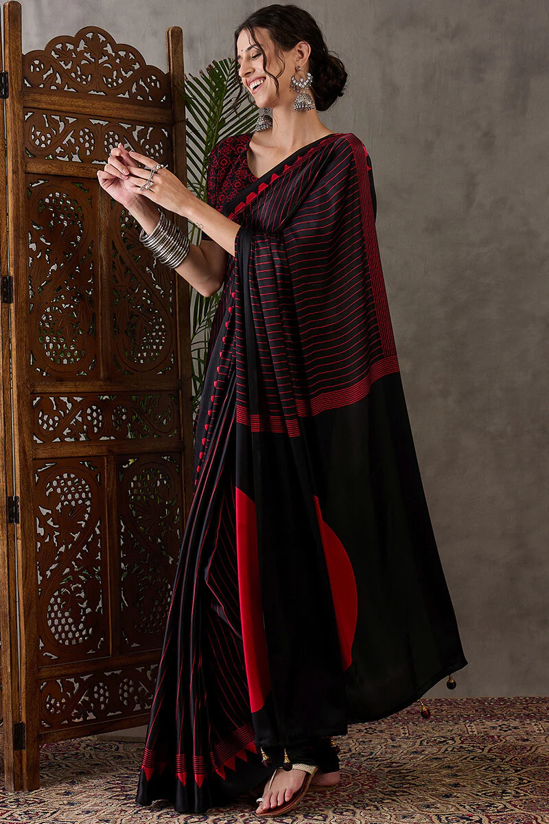 Diaphanous Black Ajrakh Printed Semi Modal Silk Saree With Majestic Blouse Piece - Image 3