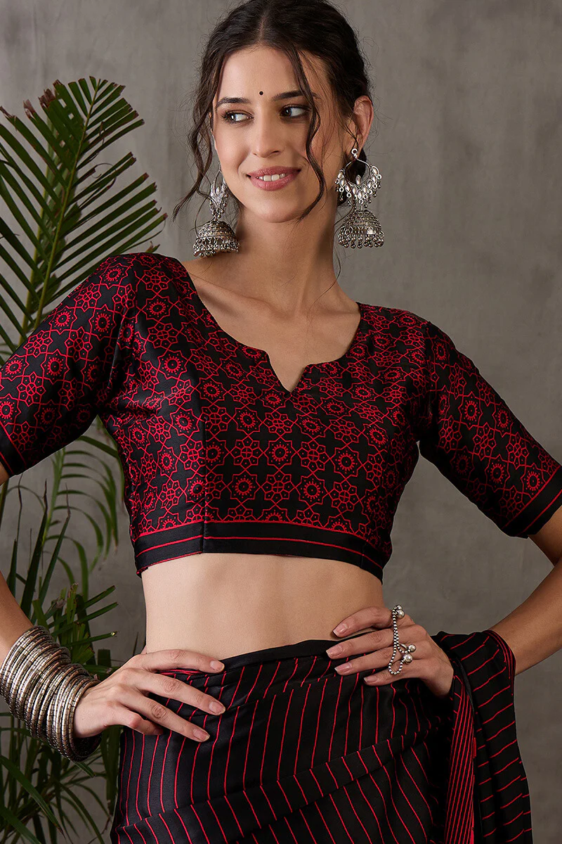 Diaphanous Black Ajrakh Printed Semi Modal Silk Saree With Majestic Blouse Piece - Image 4