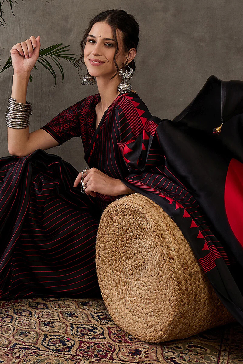 Diaphanous Black Ajrakh Printed Semi Modal Silk Saree With Majestic Blouse Piece - Image 5