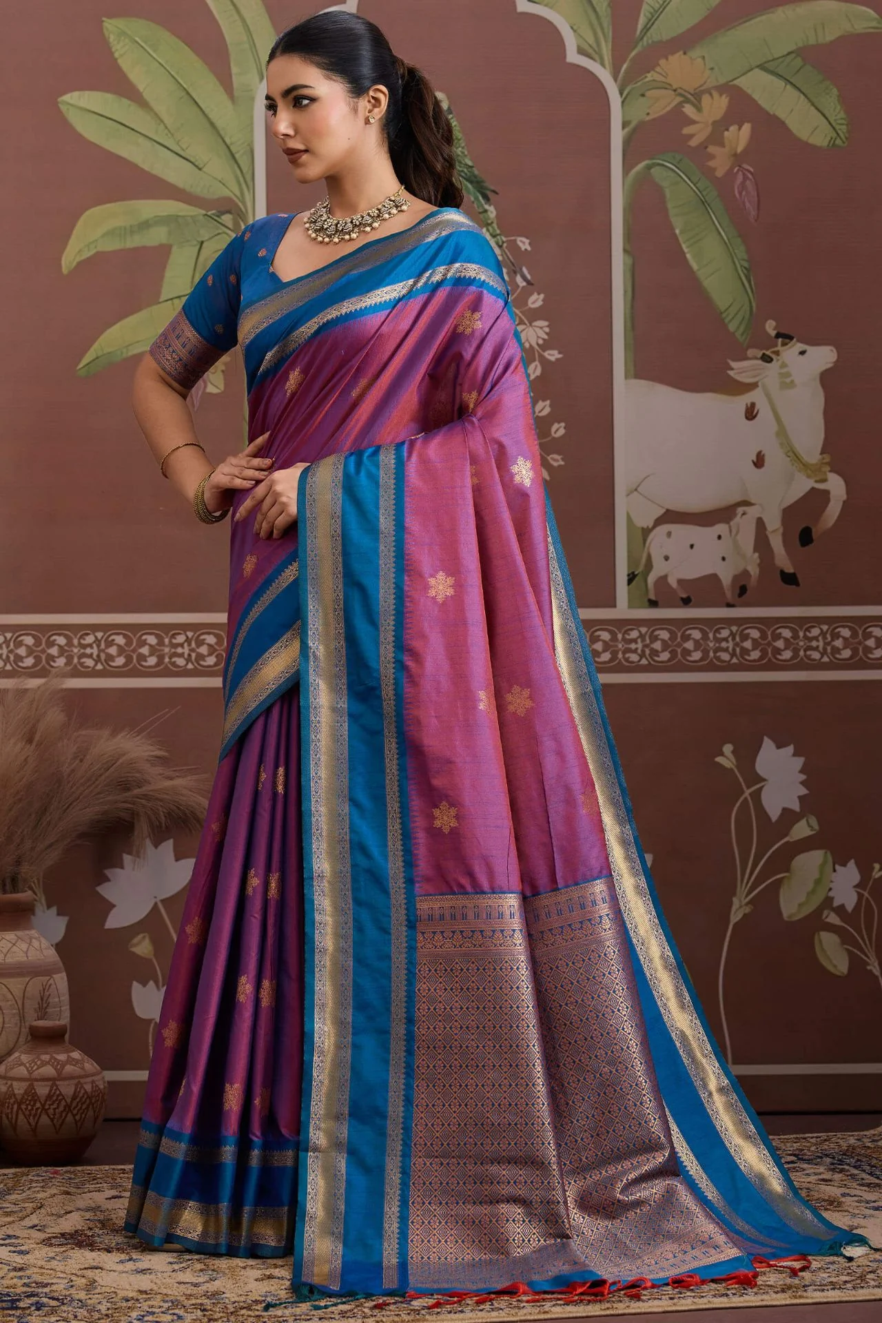 Diaphanous Lavender Banarasi Tussar Silk Saree With Vestigial Blouse Piece - Image 3