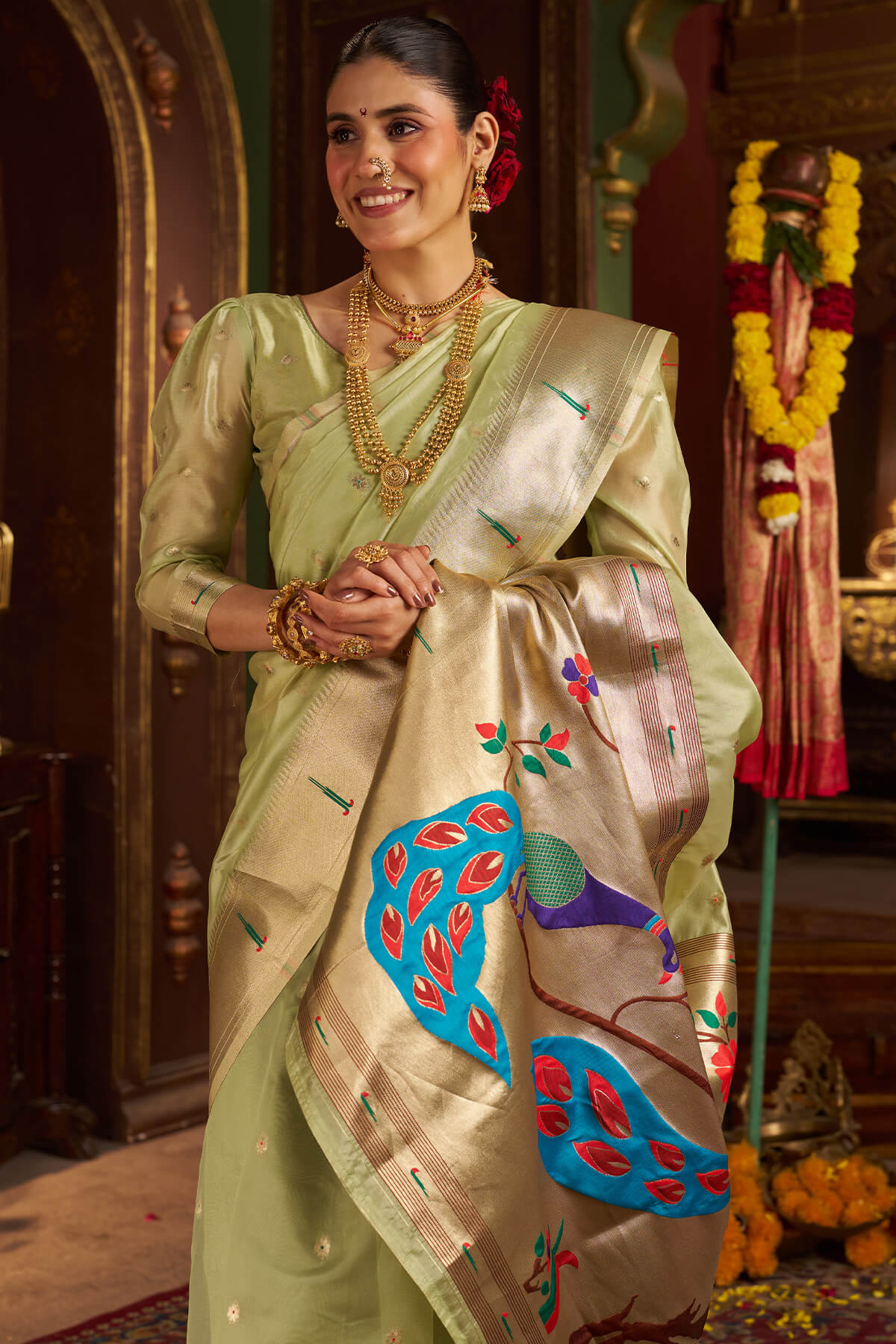 Diaphanous Pista Organza Paithani Silk Saree With Sensational Blouse Piece - Image 2