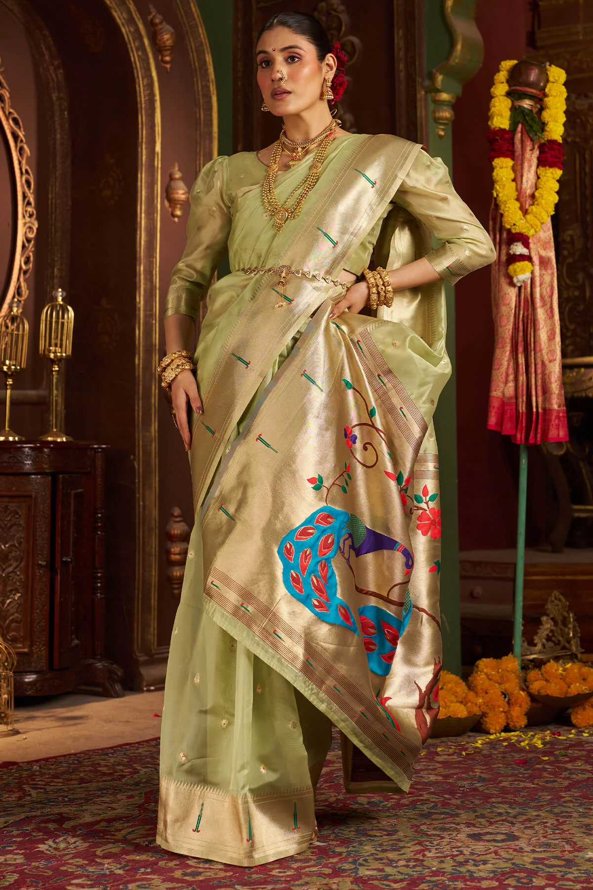 Diaphanous Pista Organza Paithani Silk Saree With Sensational Blouse Piece - Image 3