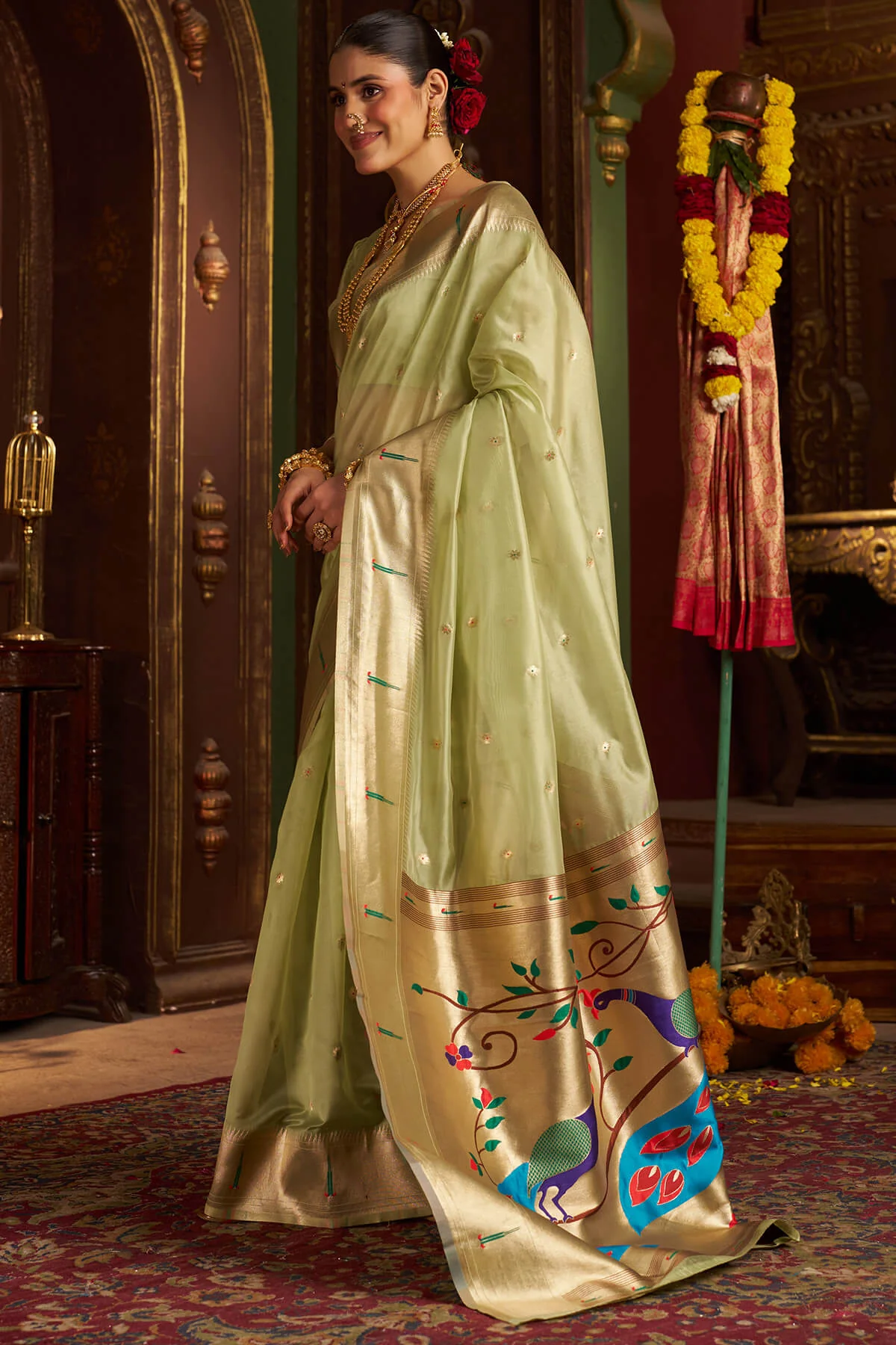Diaphanous Pista Organza Paithani Silk Saree With Sensational Blouse Piece - Image 4