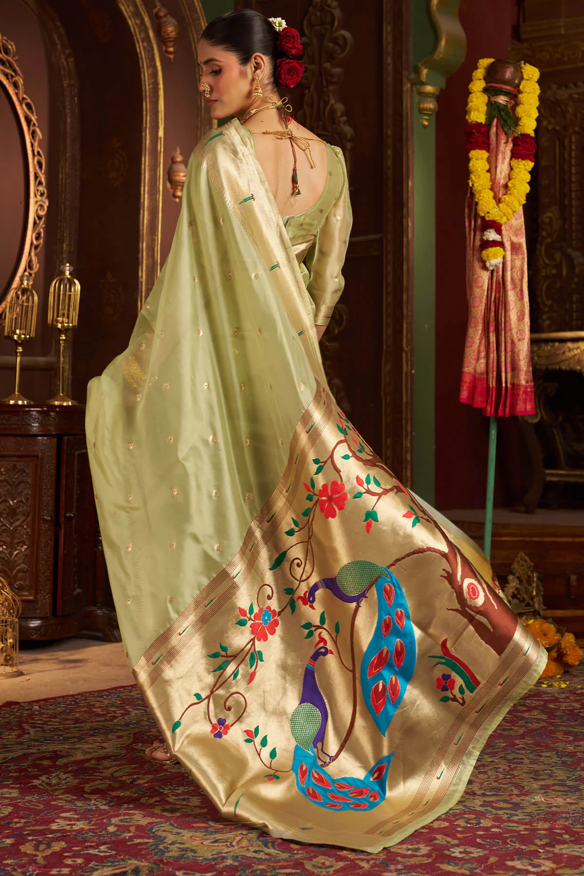Diaphanous Pista Organza Paithani Silk Saree With Sensational Blouse Piece - Image 5
