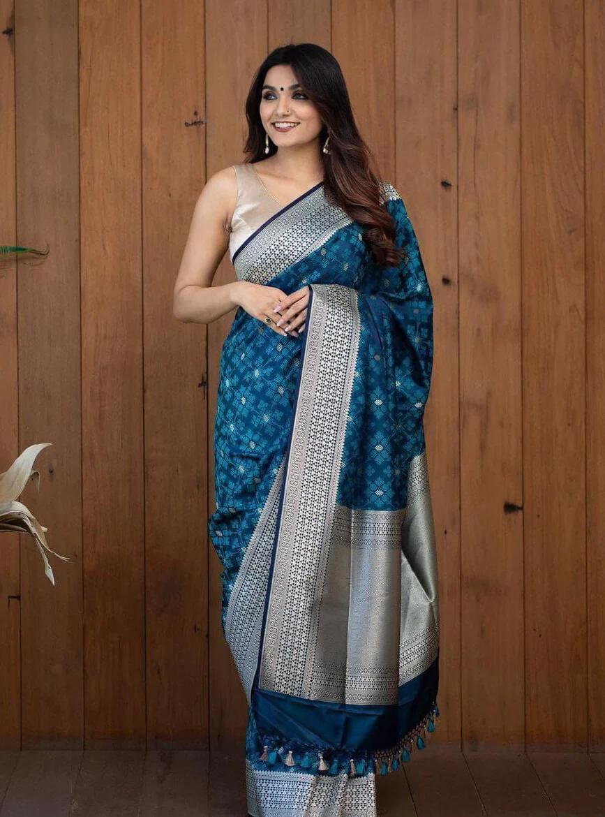 Diaphanous Teal Blue Soft Silk Saree With Elision Blouse Piece - Image 2