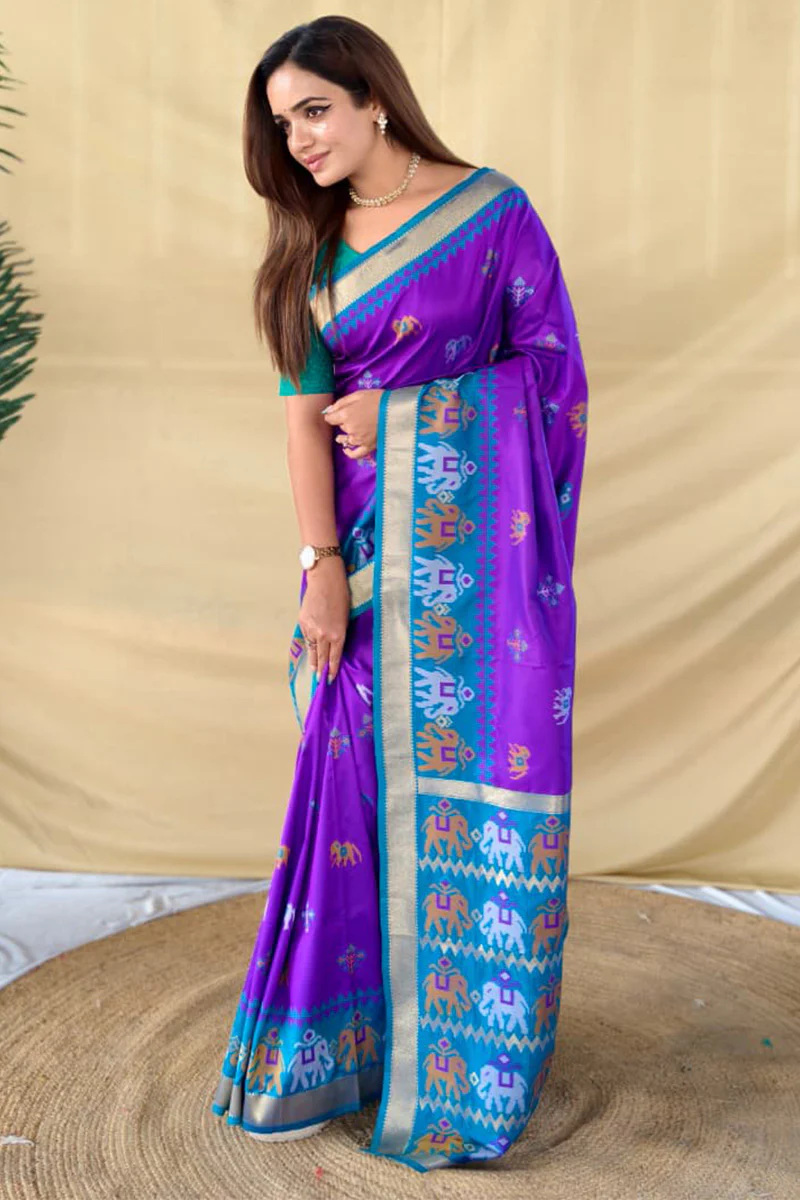 Dissemble Purple Pure Zari Weaving Banarasi Silk Saree With Elaborate Blouse Piece - Image 3